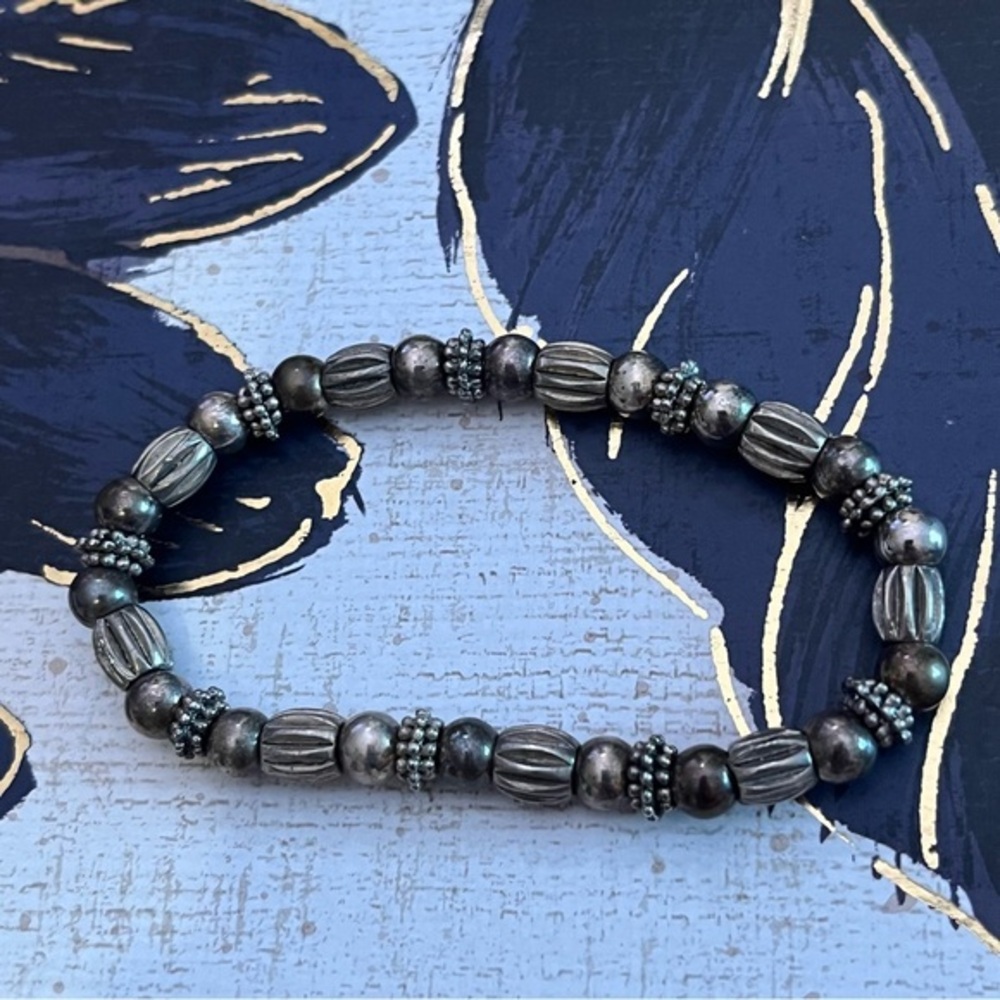 Vintage Chunky Silver Tone Beaded Textured Stretch Bracelet A2